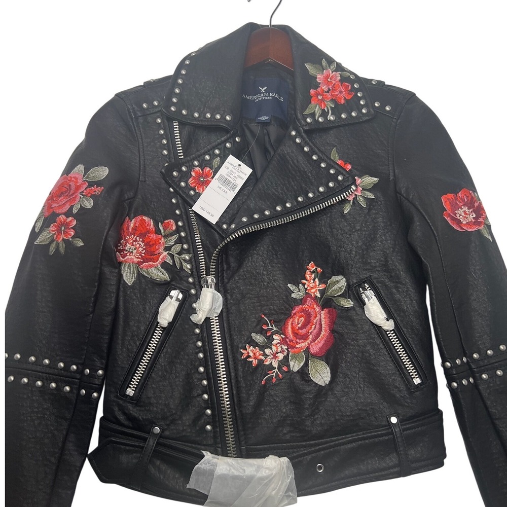 American Eagle‎ XXS Floral Embroidered Studded Faux Leather Moto Biker Jacket